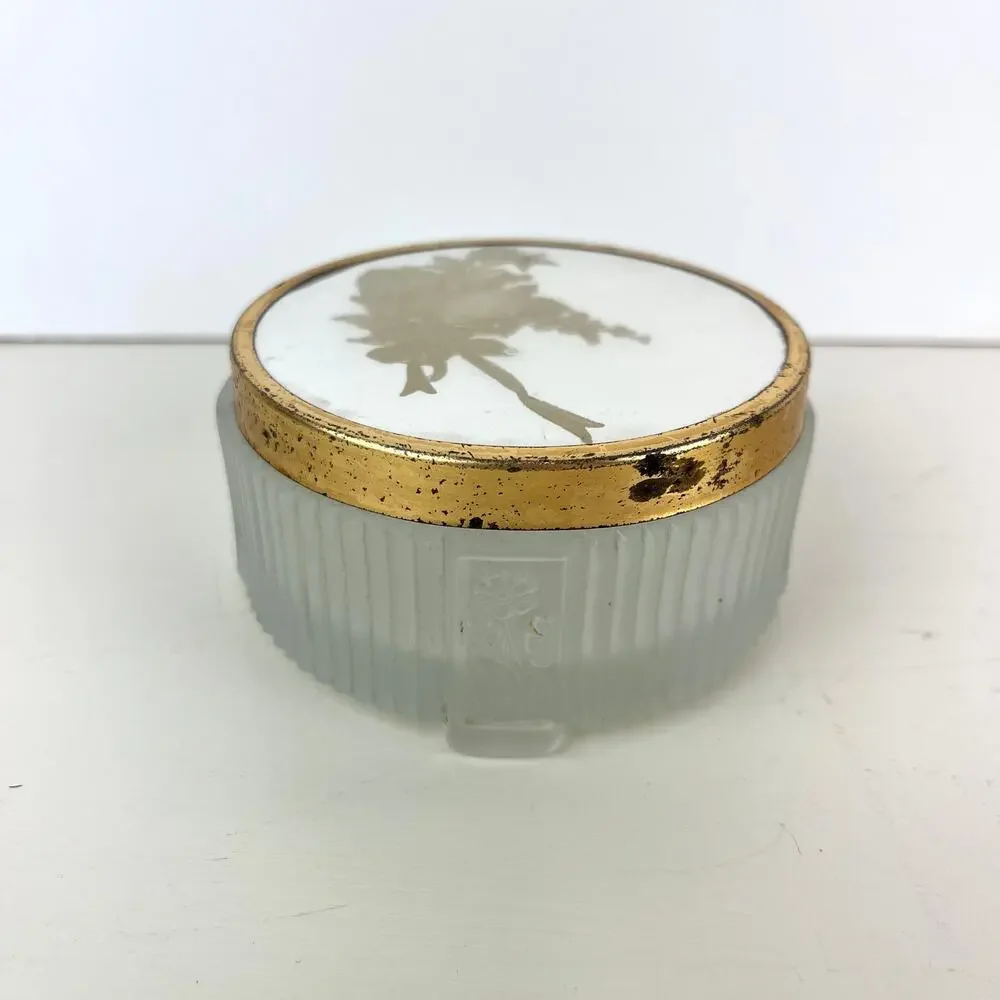 Vintage Ribbed Satin Glass Powder Vanity Jar Trinket Box